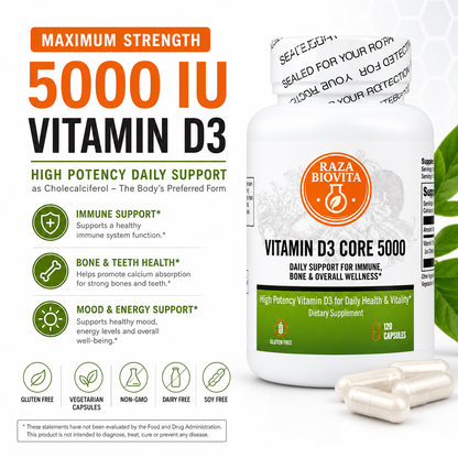 Vitamin D3 supplement bottle with Raza Biovita branding on a white background